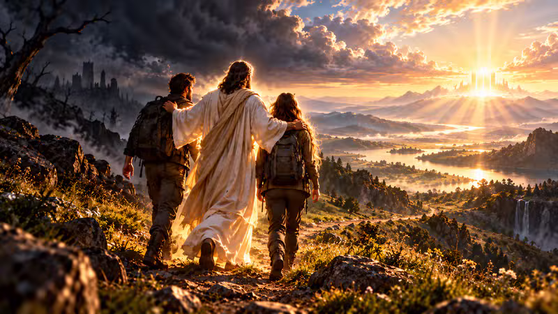 Jesus walking with two travelers toward the light of the heavenly city