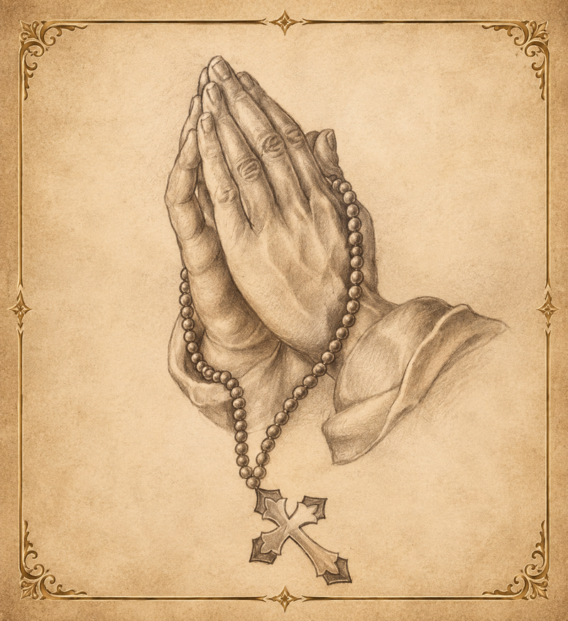 Praying hands before the open gate of heaven