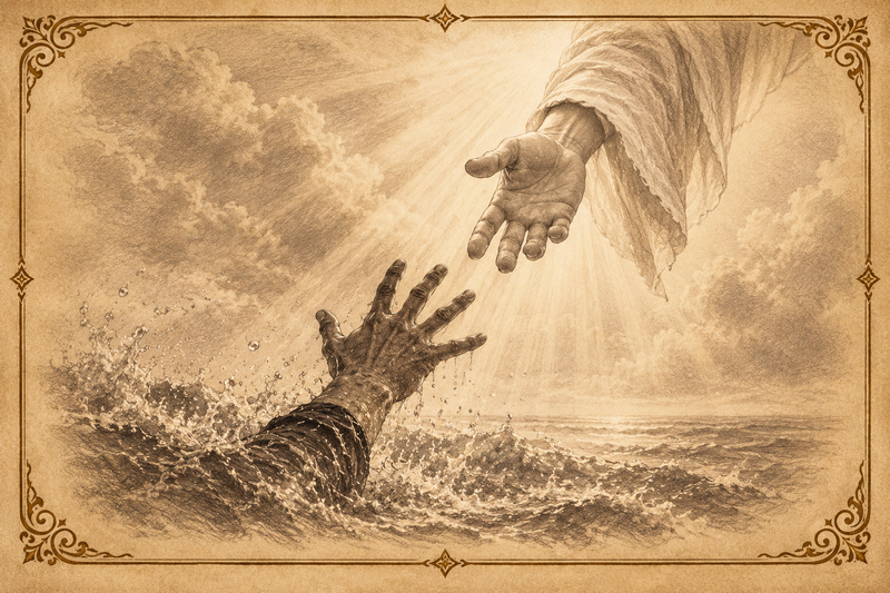 A hand reaching up from the stormy water toward a hand reaching down from heaven in golden light