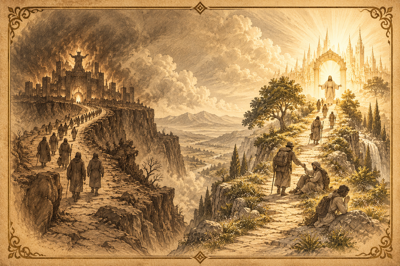 Two paths: the broad road to destruction and the narrow path to the light