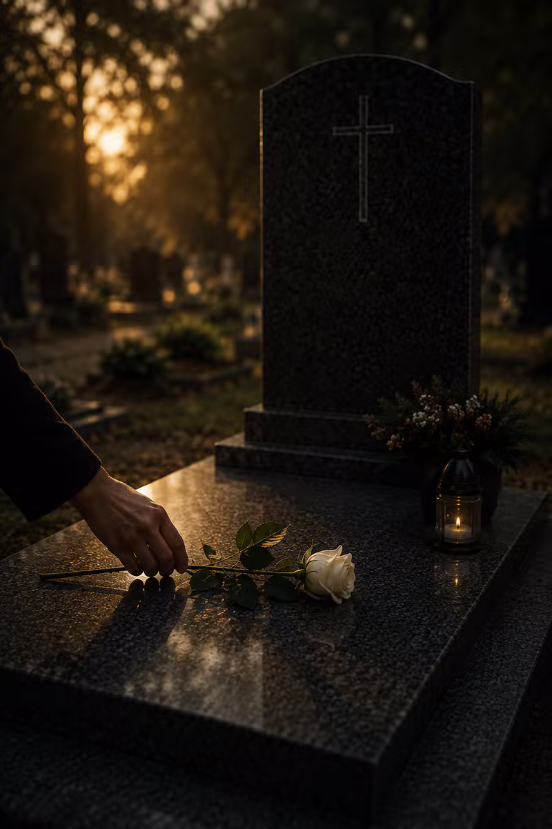 Osoba kładąca białą różę na kamiennym nagrobku