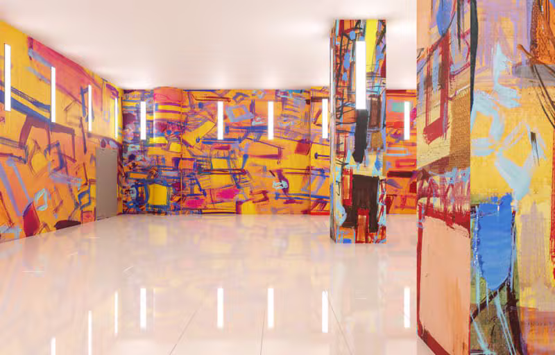 Colorful contemporary art installation in a large gallery space