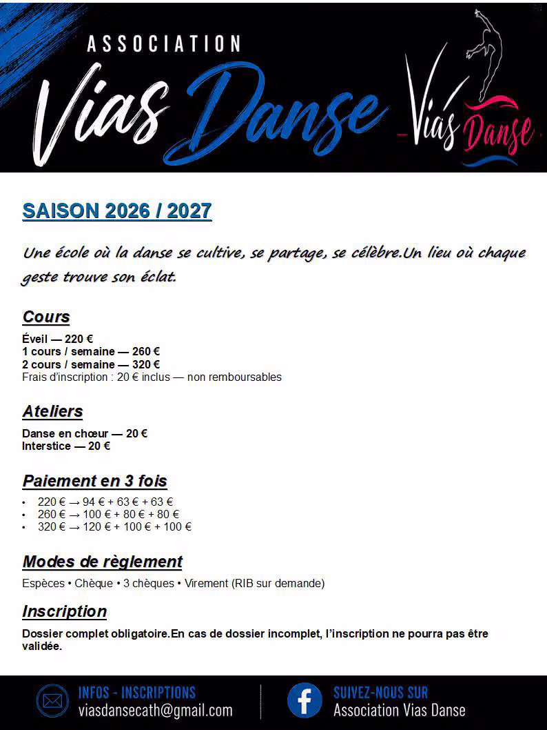 Tarifs et Règlement 2026-2027 Vias Danse