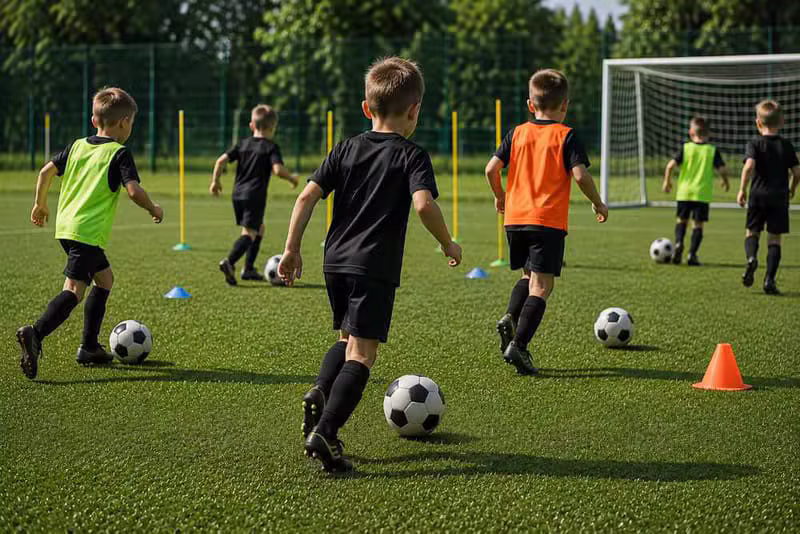 Grupa chłopców grających w piłkę nożną na boisku