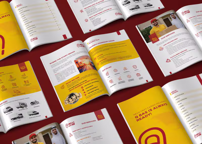 Q-BAS company profile pages arranged as a multi-spread collage