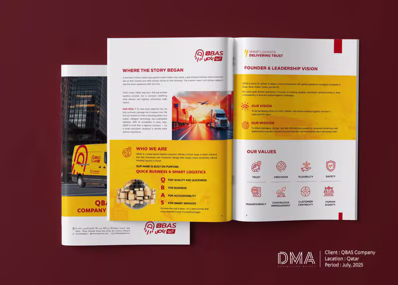 Q-BAS profile spread — where the story began, founder and leadership vision, and values