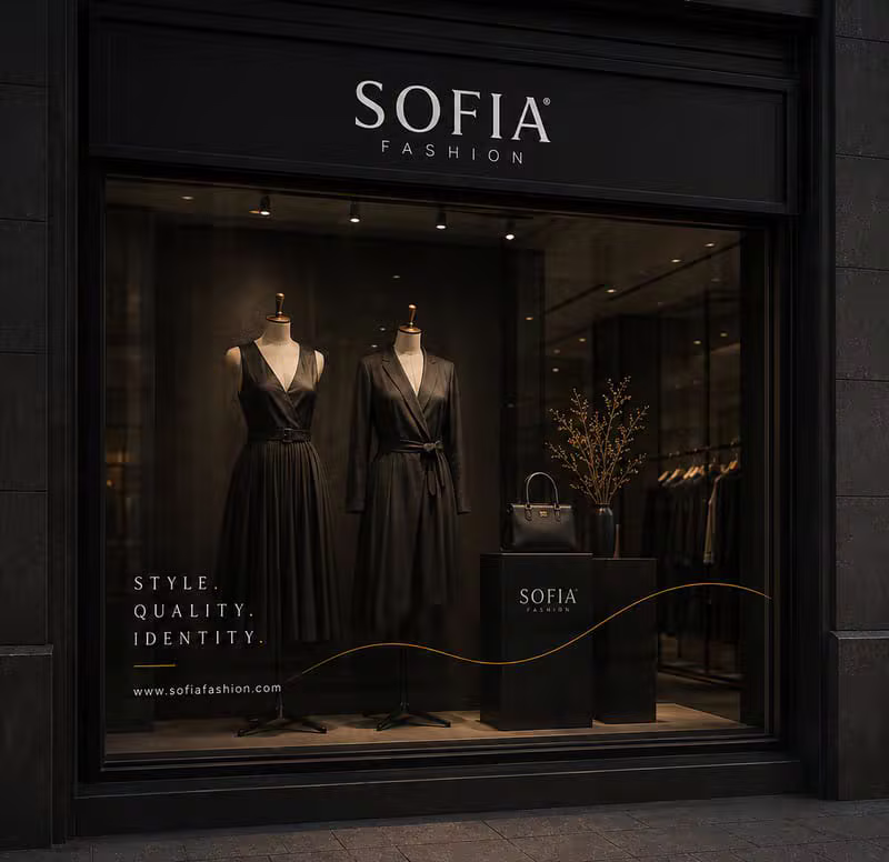 Sofia Fashion window display with mannequins in black dresses