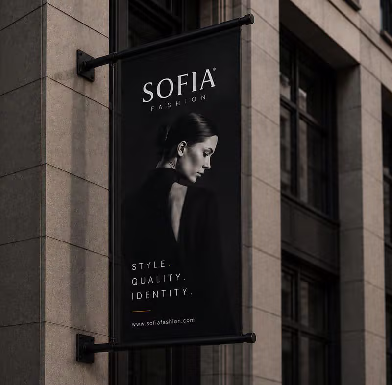 Sofia Fashion building banner flag with campaign artwork
