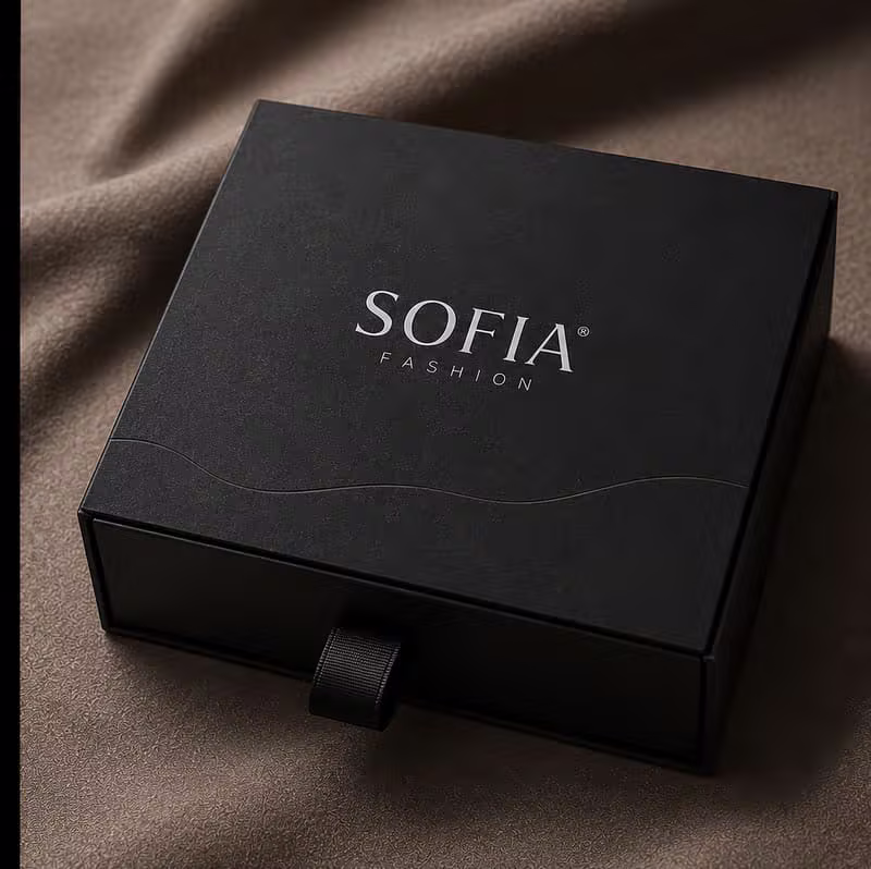 Sofia Fashion packaging box with the logo printed on linen