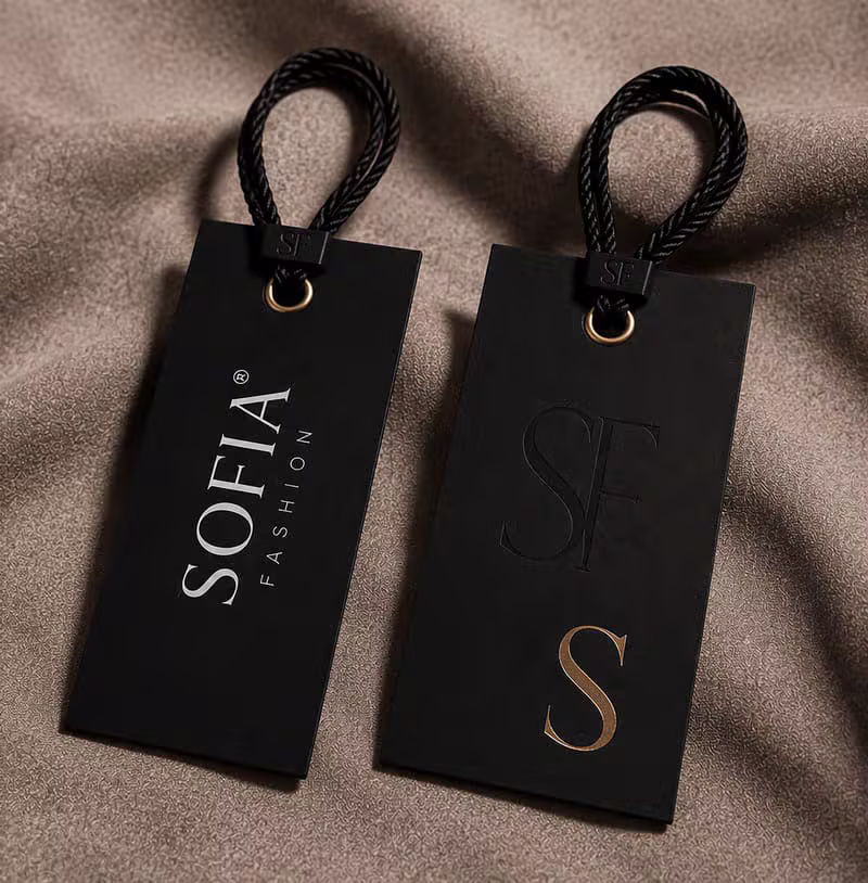 Sofia Fashion hang tags with gold monogram detail