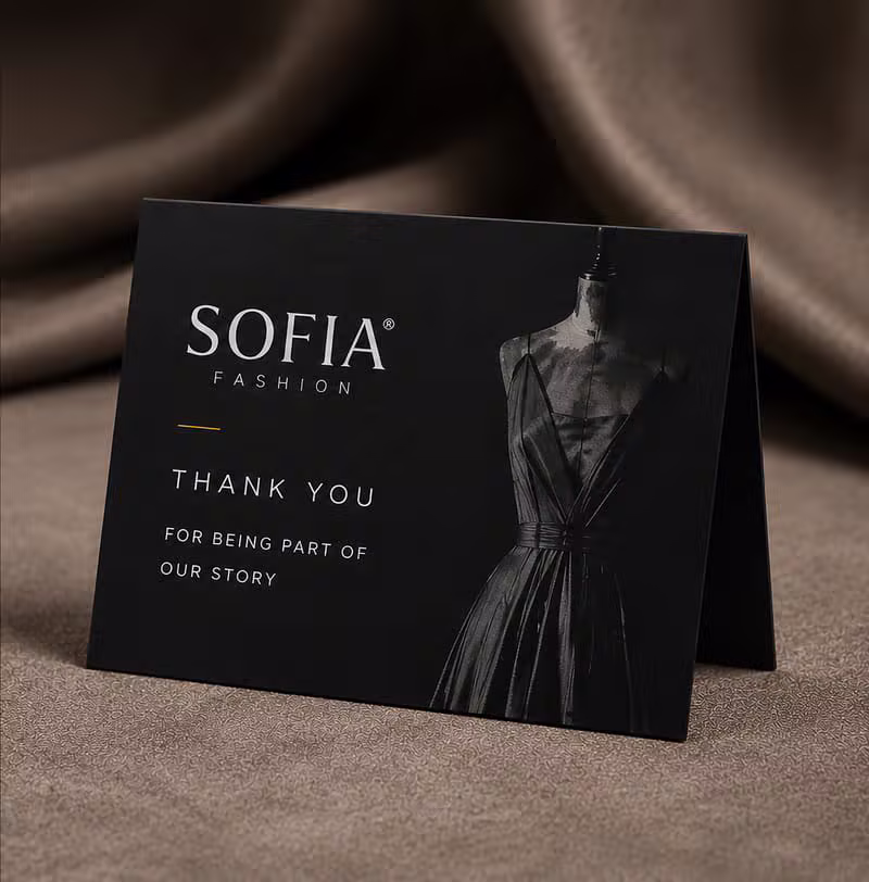 Sofia Fashion thank-you card featuring a black evening dress