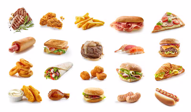Comida rápida variada, pizza, hamburguesa, sushi
