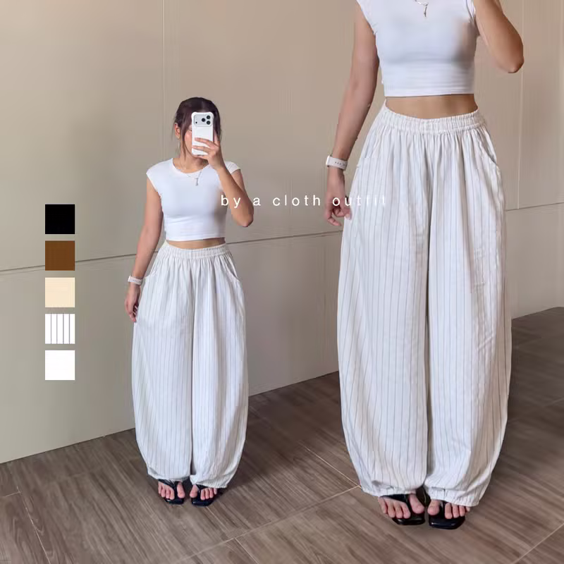 BYACLOTH Pou Barrel Pants - Celana Panjang Wanita Barrel Fit Dengan Silhouette Balloon - Adjustable Waist - Wide Leg Pants Nyaman detail 4