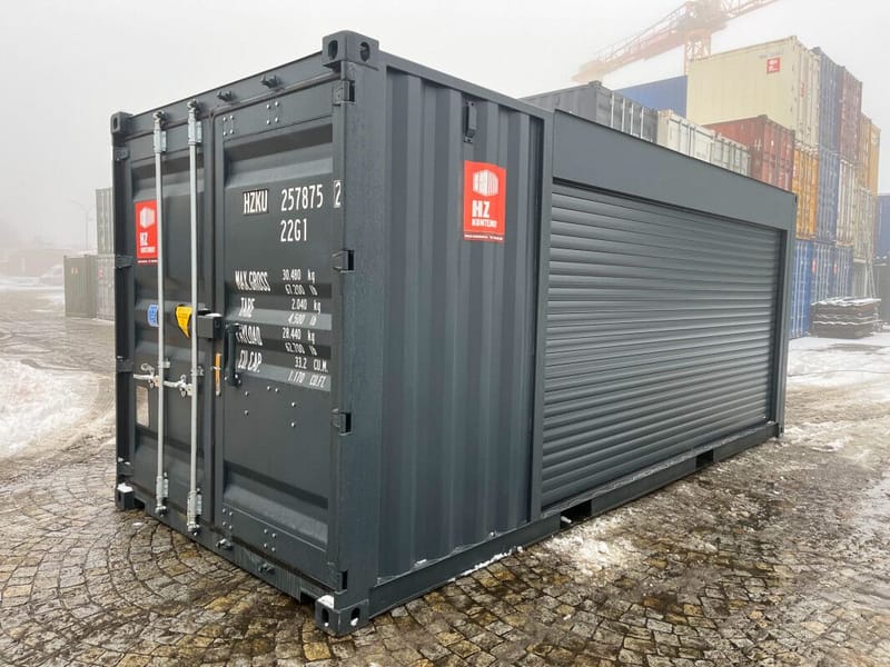 Contenedor 20' acondicionado con persiana enrollable y puerta de acceso
