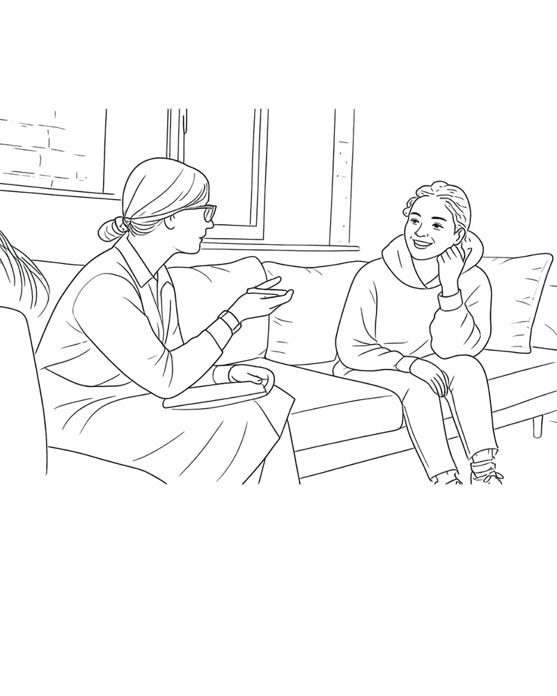 Illustration of two people sitting together in a warm, supportive conversation