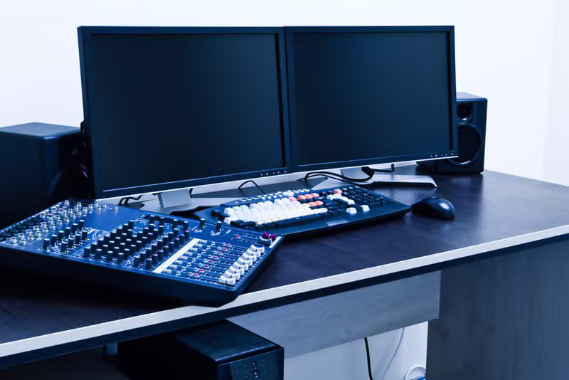 Video editing suite with monitors for production work