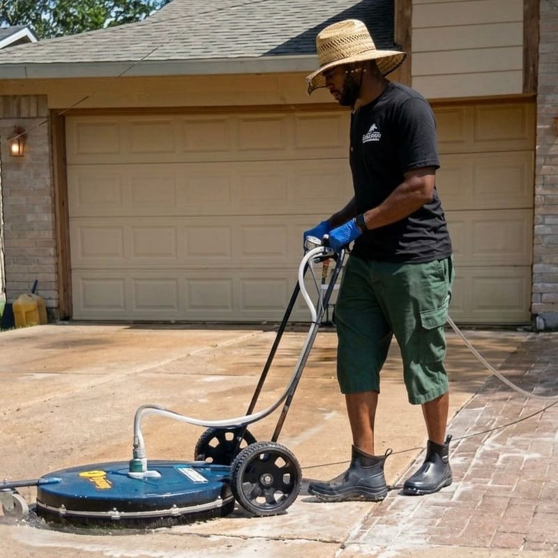 Black man pressure washing a home driveway