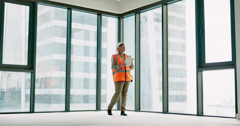 Janitorial supervisor inspecting a high-profile building lobby