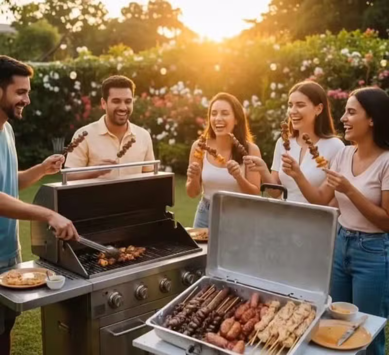 Pessoas felizes reunidas fazendo churrasco