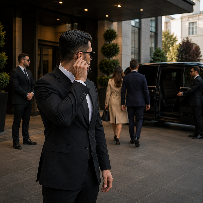 Executive security standing by a private jet