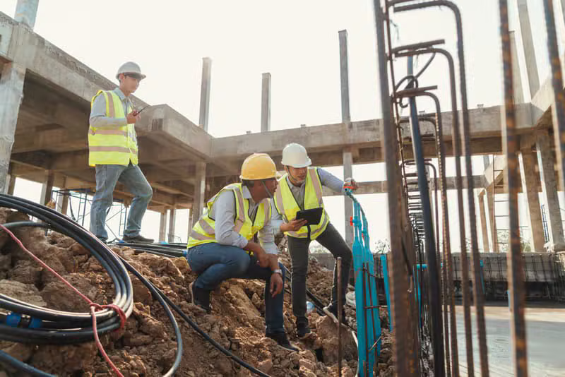Contractor reviewing commercial pool plans