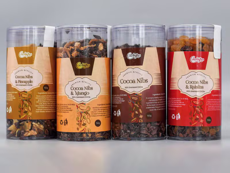 Cocoa nibs with pineapple, mango, and raisins