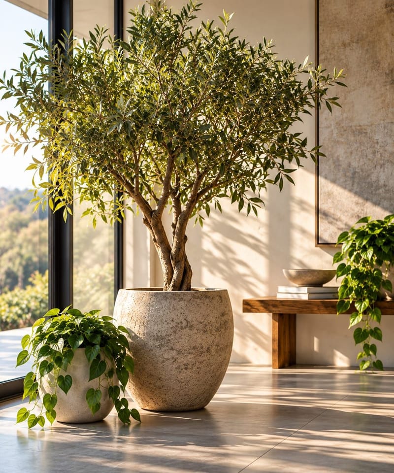 Large indoor potted tree in a minimalist interior