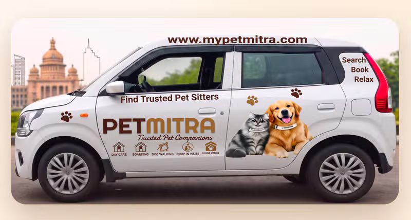 White PetMita pet cab branded with www.mypetmitra.com, Find Trusted Pet Sitters, and service icons, with a golden retriever and a tabby cat displayed beside the PetMitra logo
