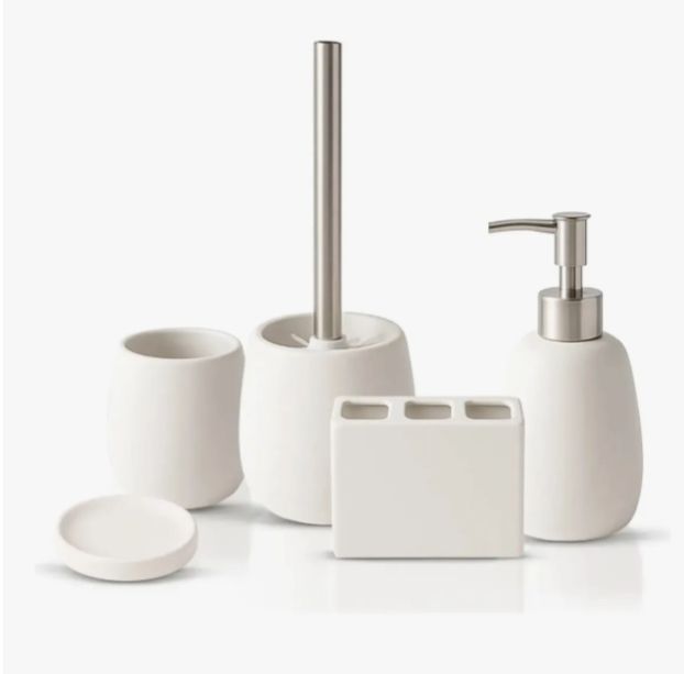 Kit Acessórios para Banheiro Clink Bambu, 5 Peças em Cerâmica Branco