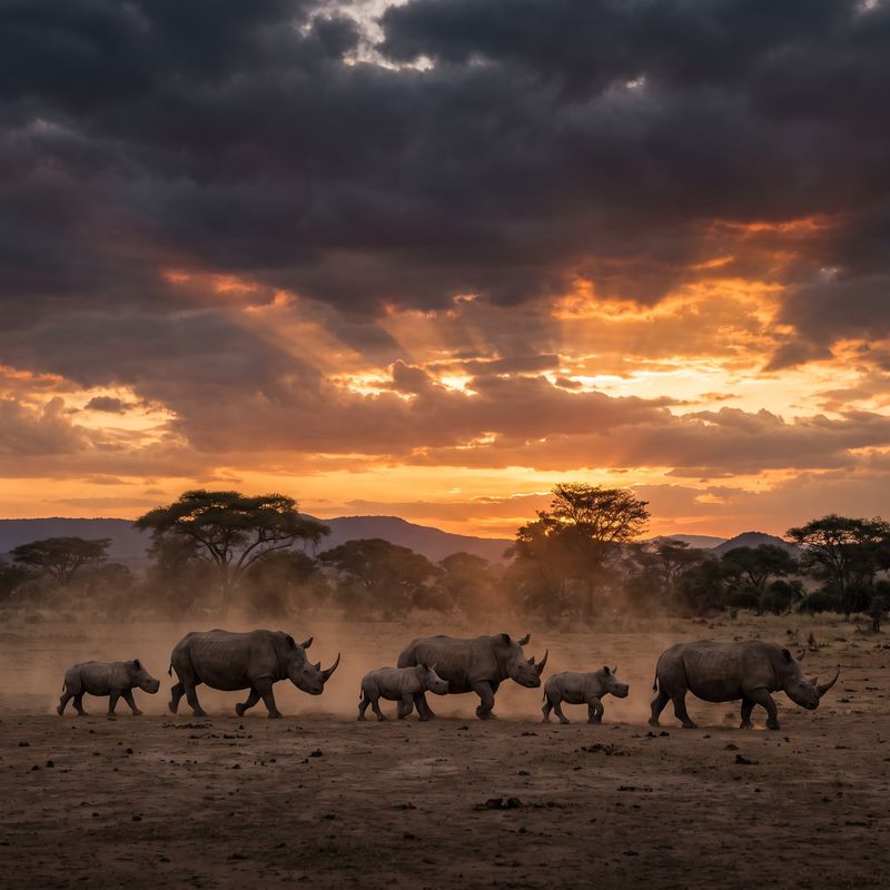 Rhino grazing at sunset