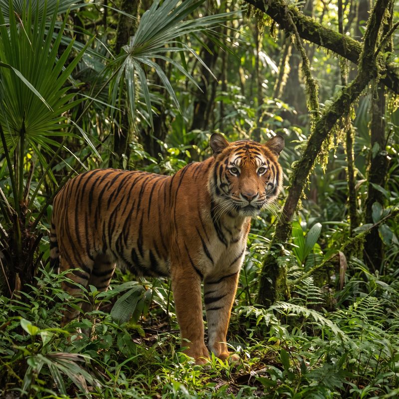 Bengal tiger staring in dense jungle