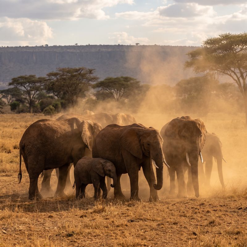 Majestic elephant herd in dust