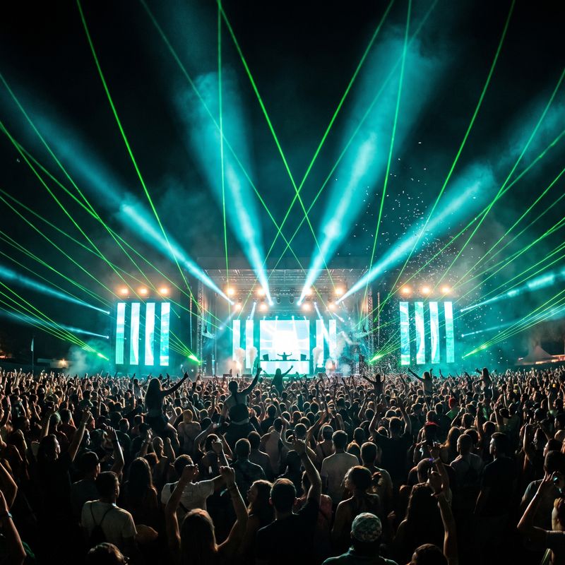 Festival crowd dancing beneath neon lasers