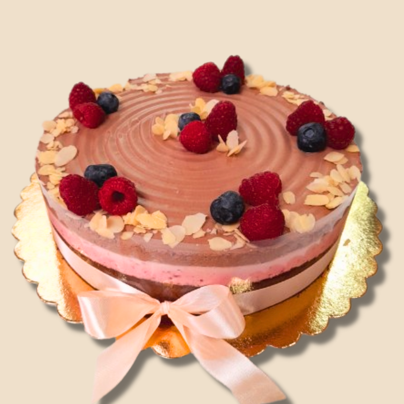 8 szeletes – Liszt, cukor és tej hozzáadása nélkül készült málnás-csokoládés torta – 16 cm Ø