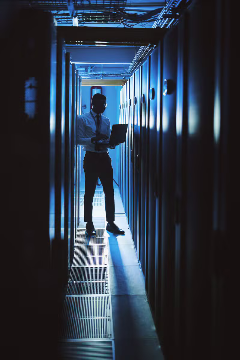 IT professional inspecting secure server racks