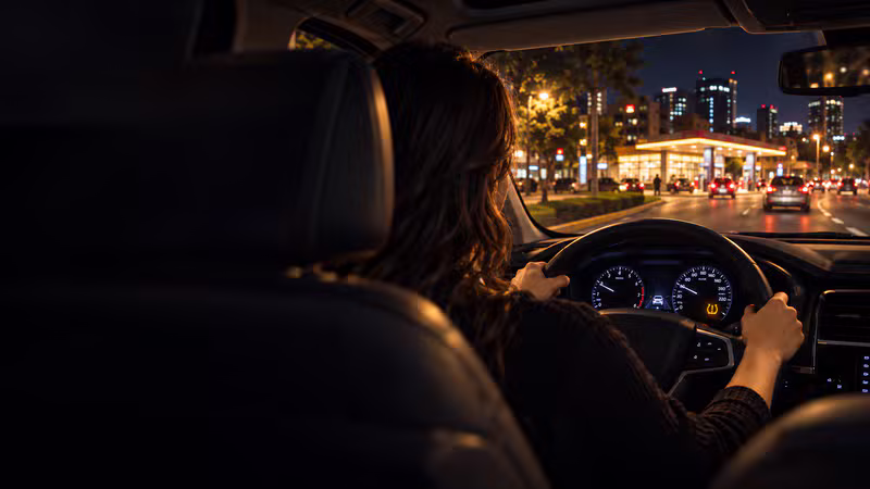Conductora y tablero en fondo nocturno
