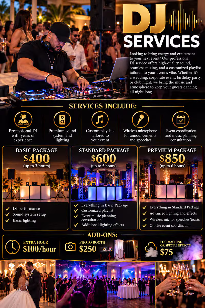 Professional DJ Services Pricing and Packages Flyer