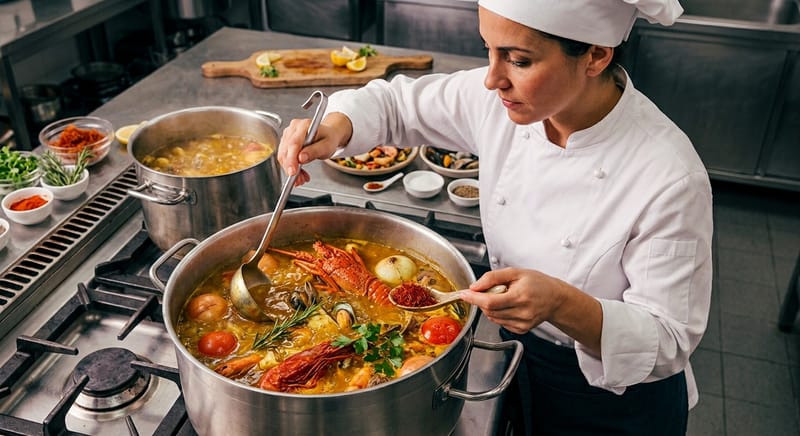 Chef removiendo caldo en cocina profesional
