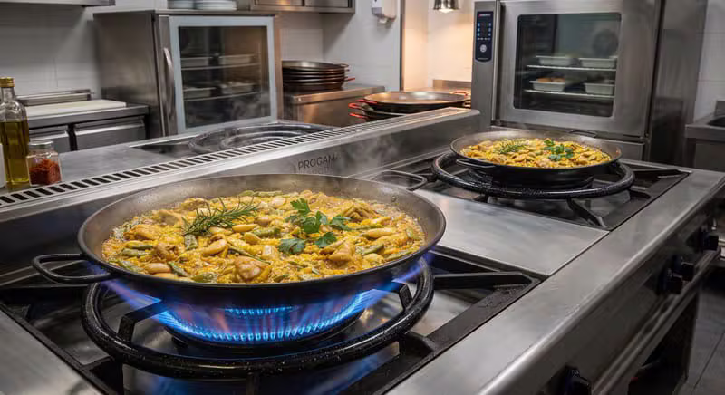 Primer plano de cocina con paellas gigantes