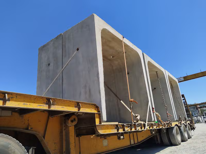 Concrete portal culverts on flatbed truck