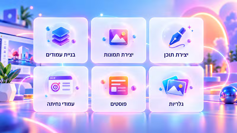 כלי AI מתקדמים לבניית אתר - בניית עמודים, יצירת תמונות, יצירת תוכן, עמודי נחיתה, פוסטים וגלריות