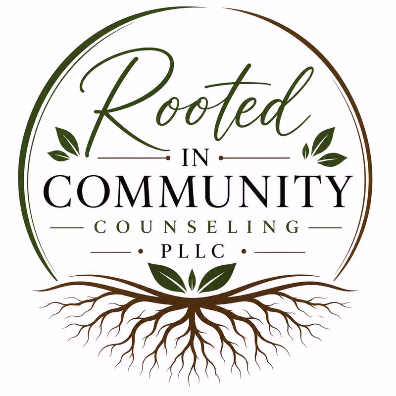 Rooted In Community Counseling PLLC logo with leaves and roots