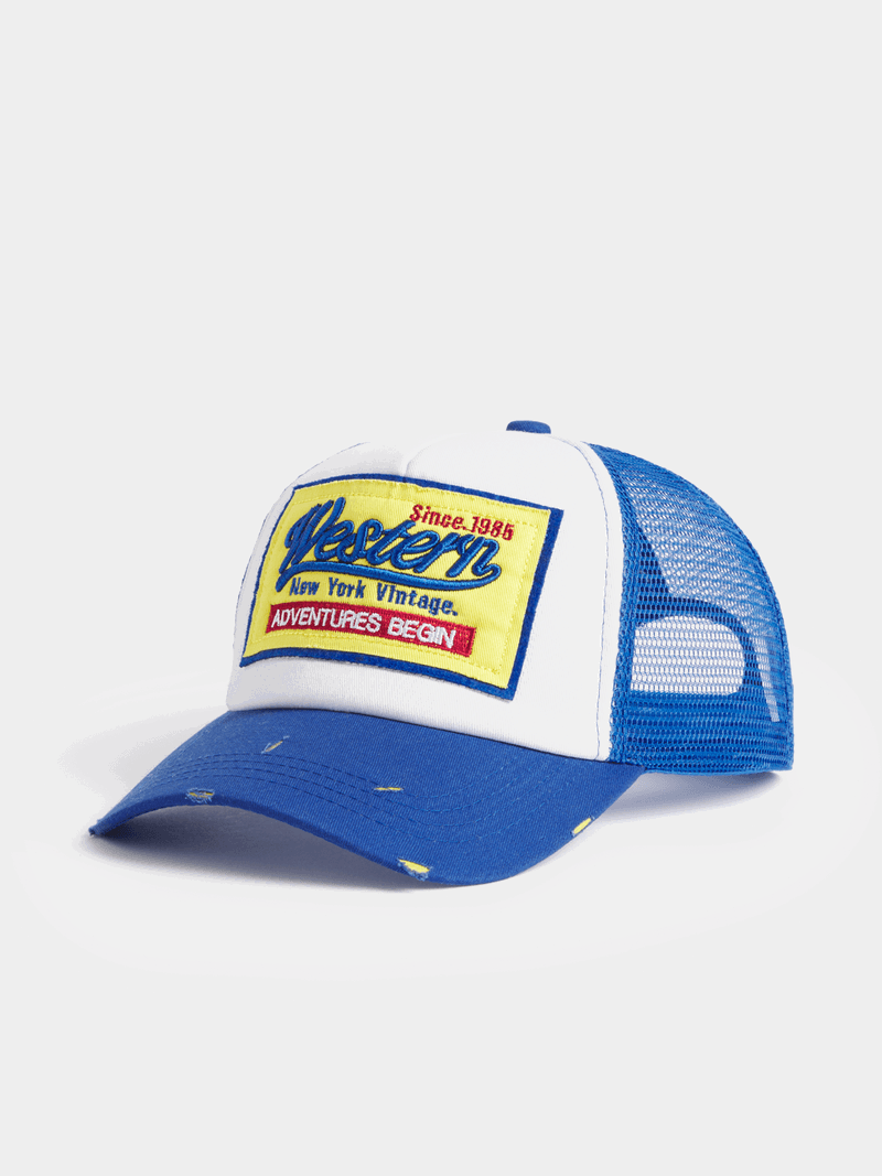 Unisex Blue & White Western Embroided Trucker Cap