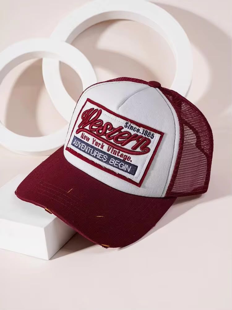 Unisex Burgundy & white western Embroided Trucker app
