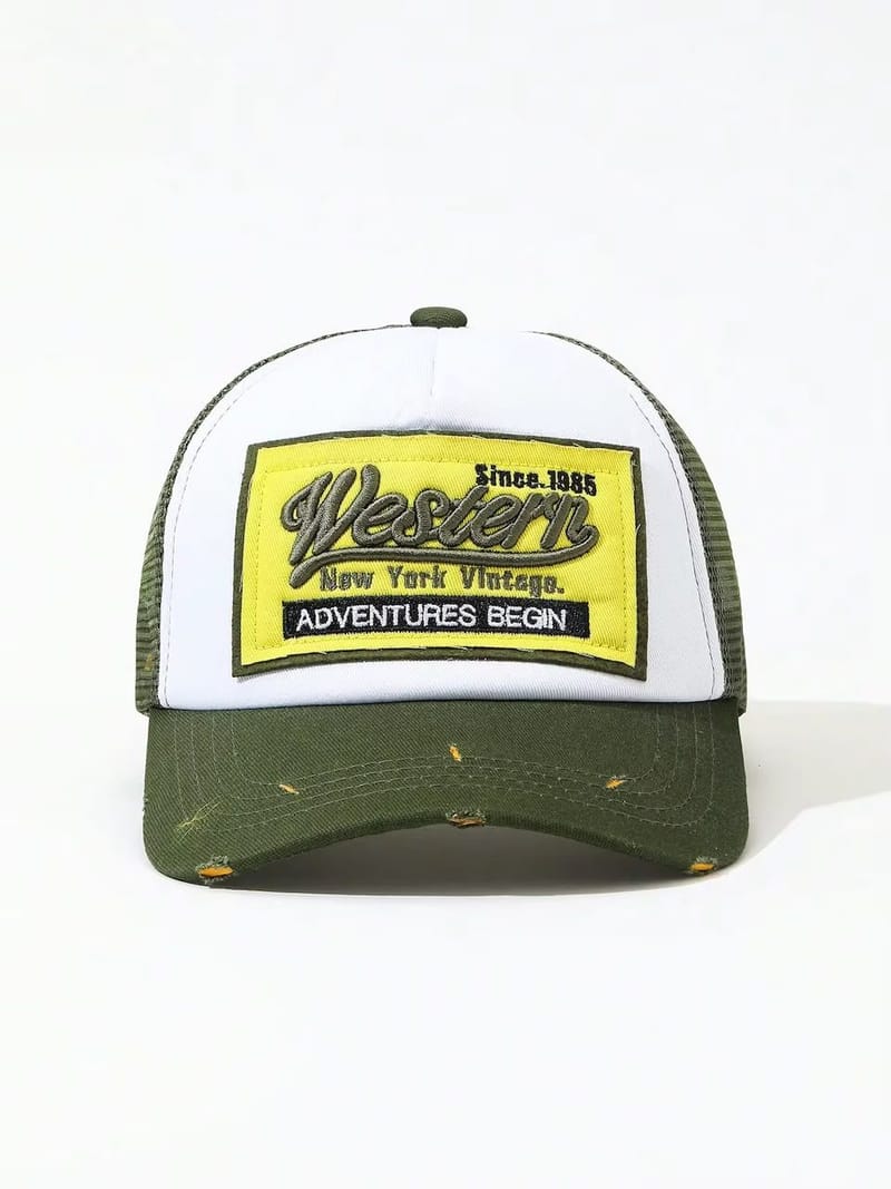 Unisex Green & White Western Embroided Trucker Cap