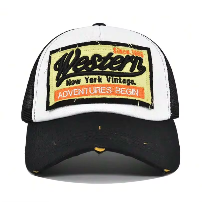 Unisex Black & White Western Embroided Trucker Cap