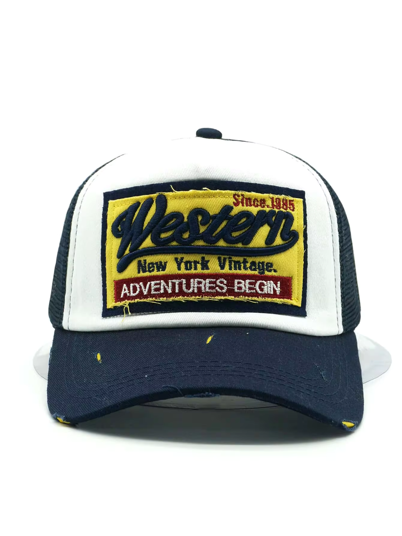 Unisex Navy Blue & White Western Embroided Trucker Cap