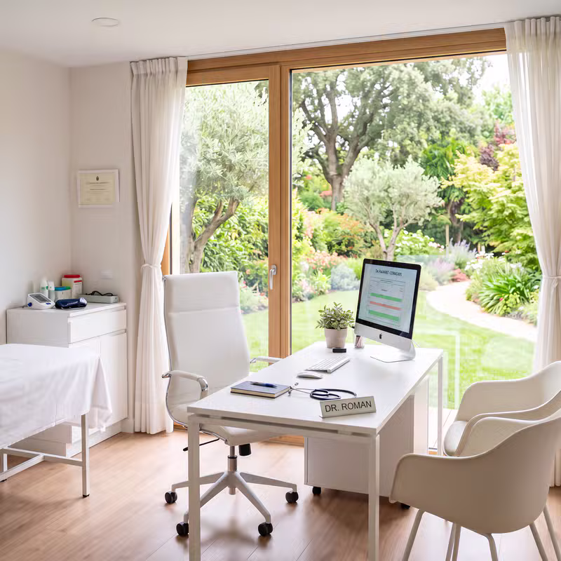 Consulta médica blanca con mesa blanca, ordenador Apple y vistas a un jardín con árboles