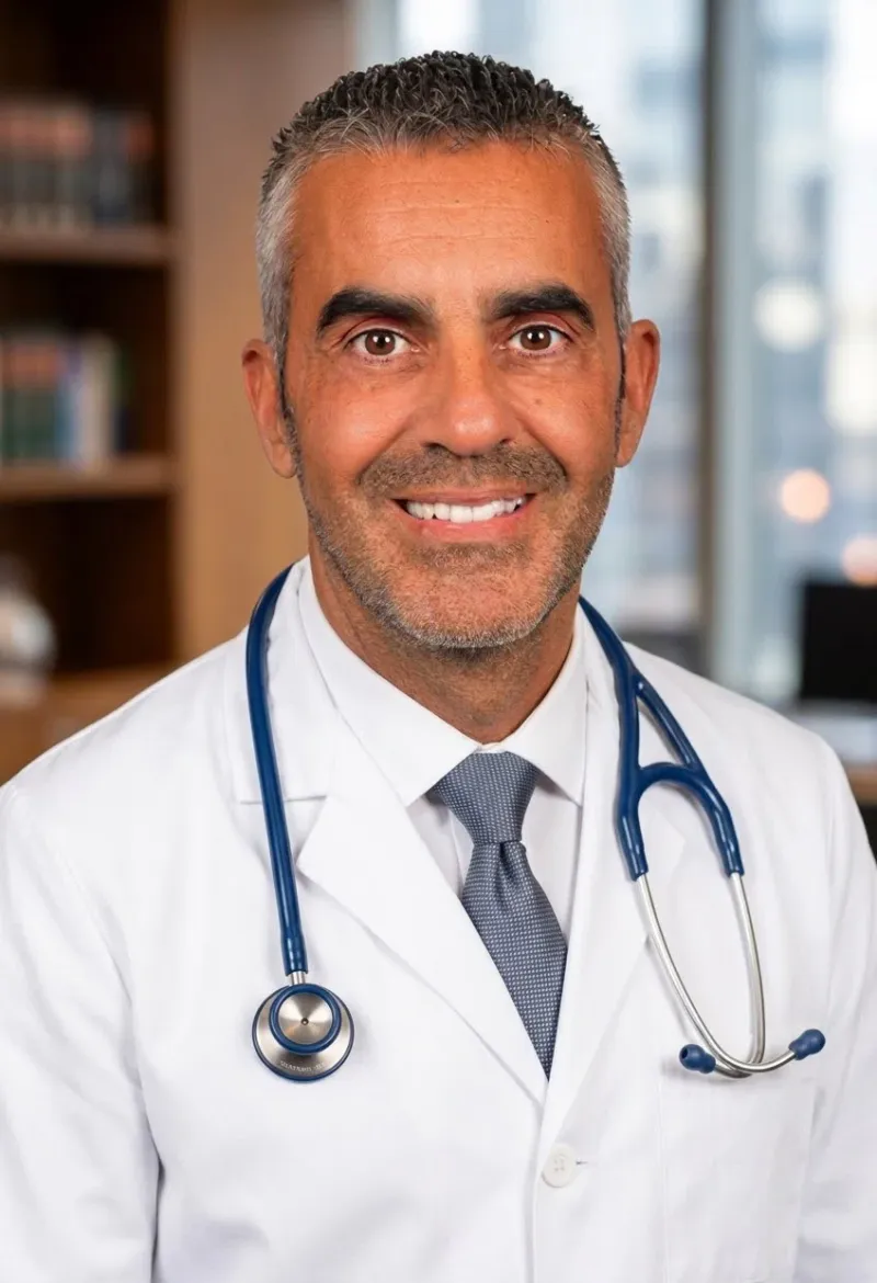 Consulta médica blanca con ordenador Apple y vistas a un jardín con árboles