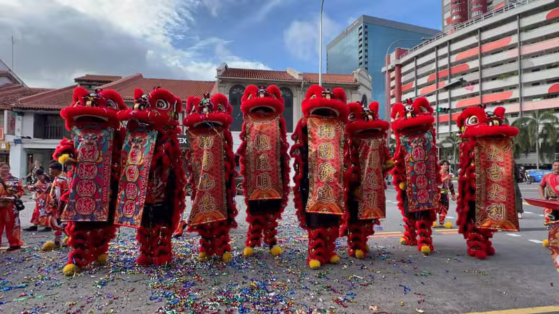 Line-up of eight red lions with auspicious banners
